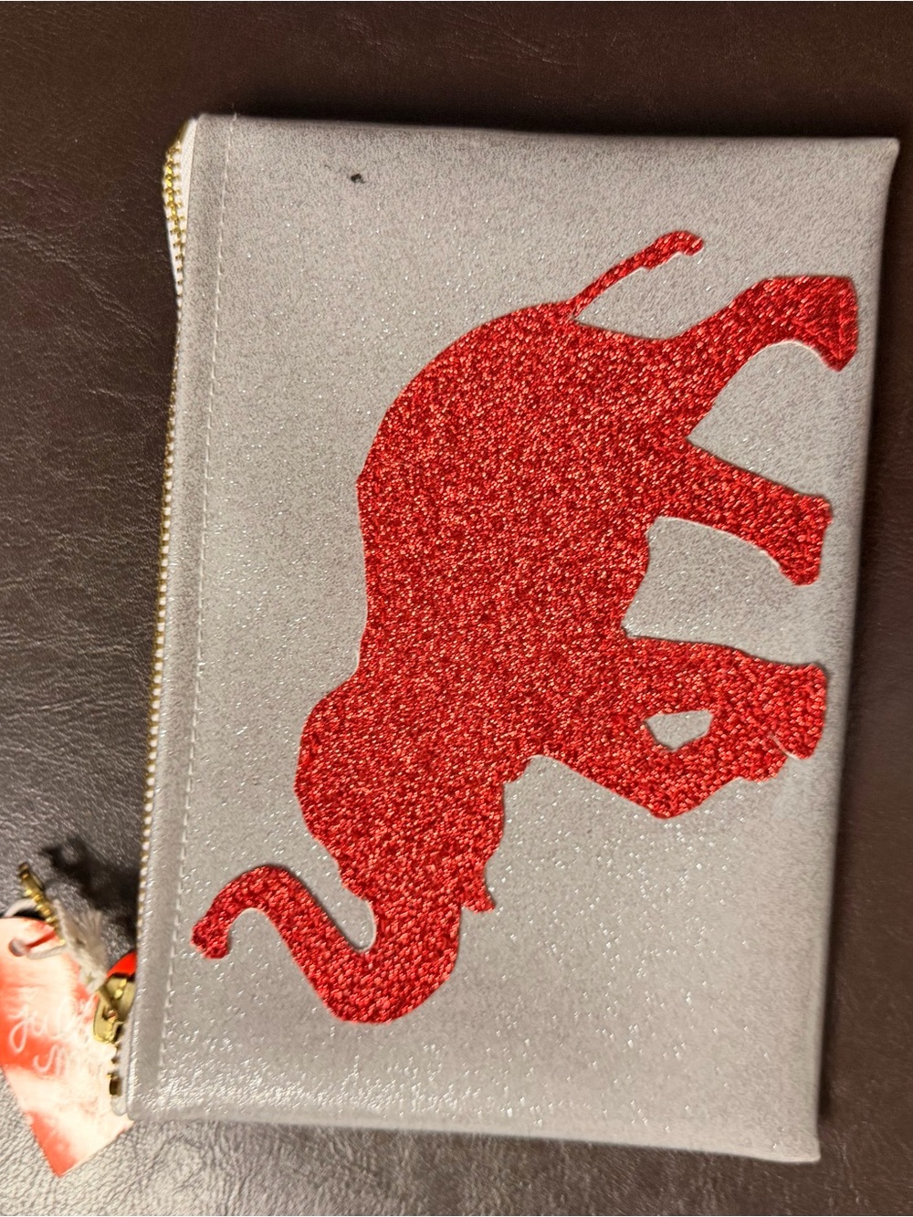 Gray Wristlet Clutch with Red Glitter Elephant